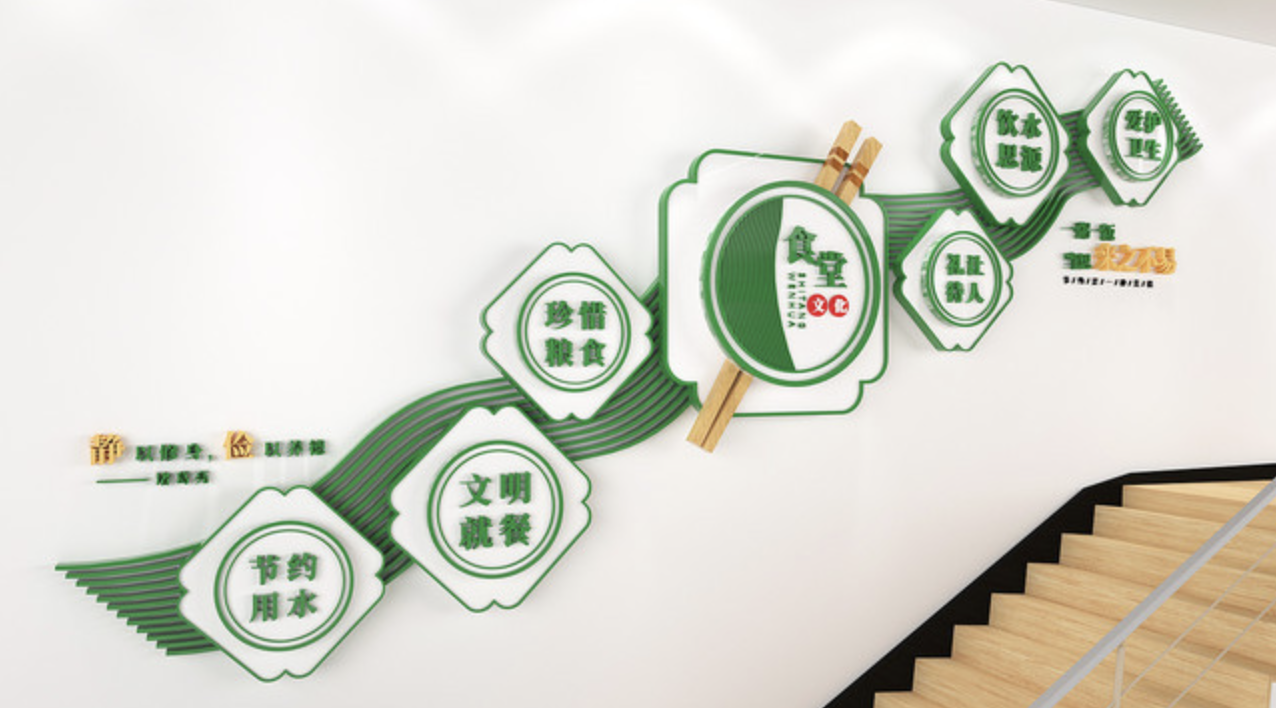 中國風(fēng)食堂社區(qū)綠色環(huán)保文化墻設(shè)計(圖3) 綠色珍惜糧食食堂樓梯文化墻